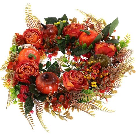 Couronne d'automne pour porte d'entrée, ornée de 2 citrouilles et de feuilles d'érable (1/5)