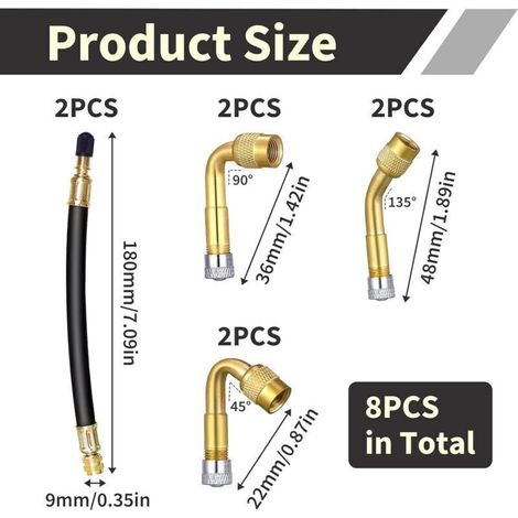 8 Pièces Rallonge Extension Valve Pneu, Extension Valve Pneu Coudées à 45° 90° 135° et 2 Tubes Caoutchouc Flexible 180mm Adaptateurs de Valve en Laiton et Caoutchouc, pour Voiture Moto Vélo Camion (1/4)