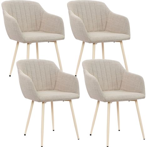 GOEURVANT Lot de 4 Chaises de Salle à Manger Beige - Tissu Texturé, Pieds Blancs Métalliques, Design Ergonomique avec Accoudoirs, Rembourrage Épais, Patins Réglables, 150 kg (1/5)