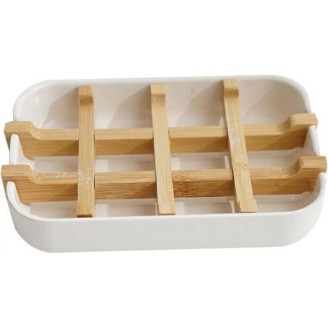 Wooden soap dish in the shower column, white bamboo bathtub tray in the bathroom. (1/4)