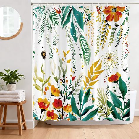 Rideau de Douche Plante Anti Moisissure 180 x 180 cm Rideau Douche Bohémien Fleurs Feuilles Tissu Polyester Imperméable Lavable Rideau Baignoire avec 12 Crochets (1/5)