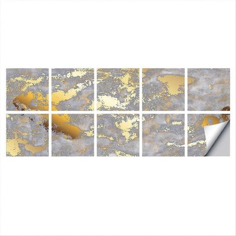 Lot de 10 stickers muraux décoratifs effet marbre doré, résistants à l'huile et à l'eau, pour crédence de cuisine ou placards. (1/5)