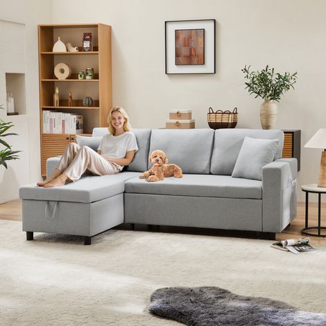 Canapé convertible con chaise longue de lino gris 219,5x142,5x83 cm con arcón y bolsillos laterales