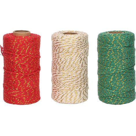 Corde de Noël 3 Rouleaux 2mm, 328 Pieds par Rouleau, Ficelle Cadeau Léger pour Emballage DIY (1/5)