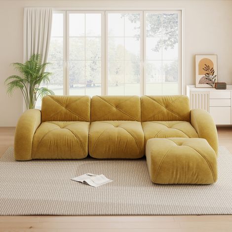 Fauteuil d'angle convertible 3 places avec pouf, canapé modulaire pour séjour, base stable anti-glisse, sans assemblage, teinte jaune vif (1/5)