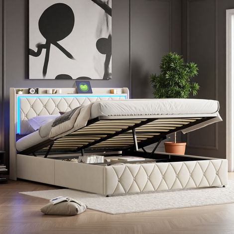 Lit 140x190 cm - Velours Beige - USB et LED - Scandinave - Facile a monter - Structure de lit 140x190 cm (1/5)