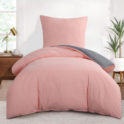 Bettwäsche-Set 155x220 cm 2-teilig Rosa/Grau Wendebettwäsche Mikrofaser mit Reißverschluss (1/5)