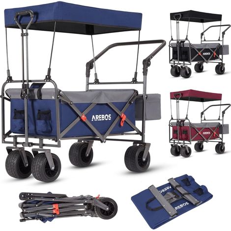 Arebos – Chariot de jardin pliable 100 kg – Toit amovible – Roues tout-terrain pivotantes 360° – Sac XXL intégré
