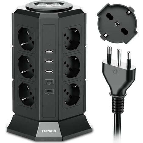 TOPREK vertikale Steckdosenleiste mit 12 universellen ITA 10/16 A und Schuko Steckdosen, 2 USB-C Anschlüssen, 3 USB-A Anschlüssen (einschließlich 1 USB-C 20 W Anschluss kompatibel mit PD 3.0 Schnellla