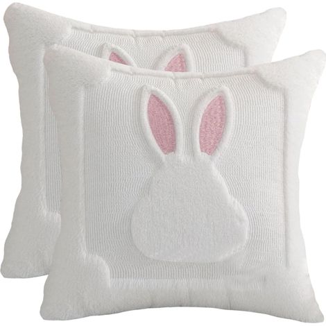 Housses de coussin lapin de Pâques en peluche – 45 x 45 cm, lot de 2, housses de coussin décoratives en fausse fourrure 3D moelleuse (crème), housses de coussin mignonnes avec oreilles roses, parfaite (1/5)
