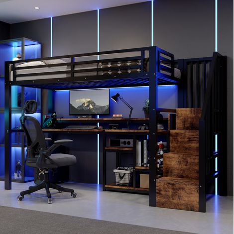 Hochbett 90x200 cm schwarz aus Metall und MDF mit Leiter, Ablagefach, USB-C und LED-Licht (1/5)