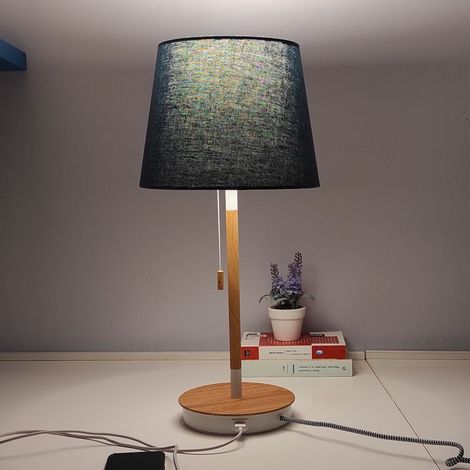 Lámpara de Mesa con cargador USB de Tela Azul y Madera - Embalaje Dañado (1/3)