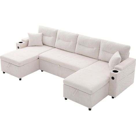 Sofá chaise longue de 4 plazas en pana beige con almacenaje, portavasos y USB-C (1/5)