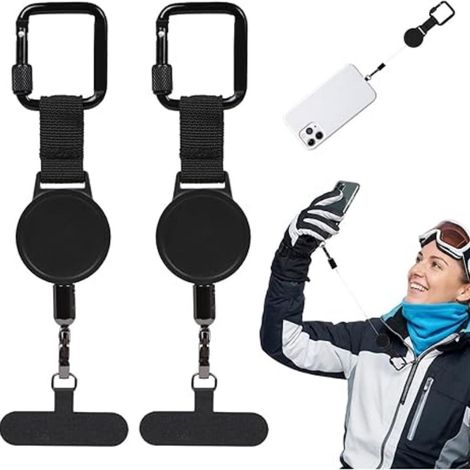 ZHIJIA PREMIUM Lot de 2 dragonnes de sécurité rétractables pour smartphone, câble antivol en acier résistant aux coupures, avec mousqueton et clip ceinture, pour sports d’hiver (1/5)