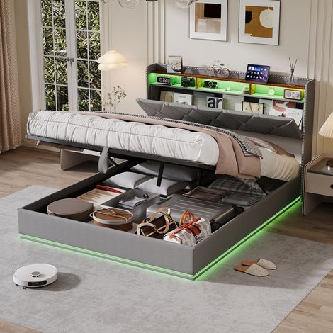 JOOKGBD - Polsterbett mit Bettkasten 140x200 cm, Doppelbett, Jugendbett, Kopfteil mit LED, USB und verstecktem Stauraum, Lattenrost inklusive, Leinen, Dunkelgrau, ohne Matratze