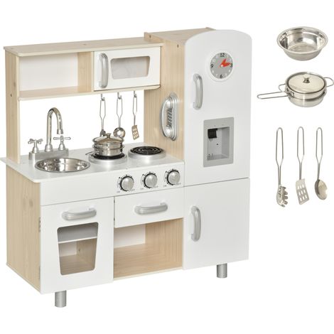 Cuisine jouet en bois blanc pour enfants dès 3 ans. Évier, induction et micro-ondes simulés, accessoires complets pour le jeu éducatif.