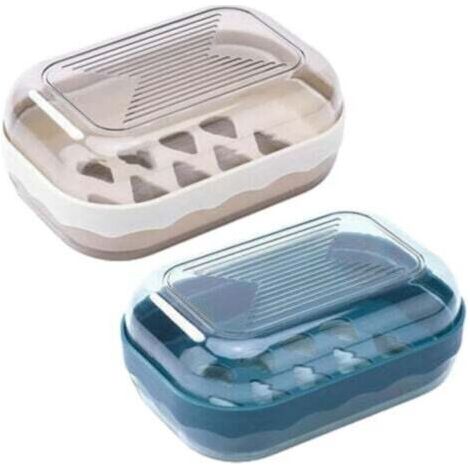 Boîte à Savon Voyage - [Marque] - Modèle PP 12.8cm - Étanche Double Couche, Lot de 2 (Bleu/Gris), Bac Égouttage Amovible (1/4)