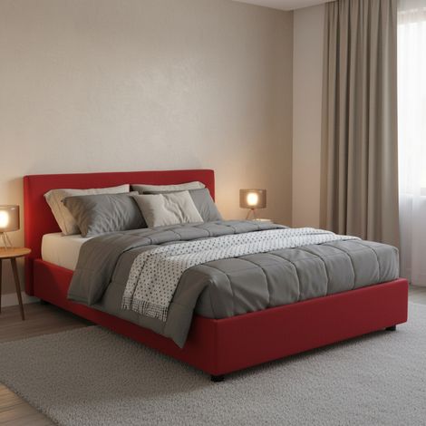 Dmora - Cama de plaza y media Daccardi, Cama contenedor con revestimiento de tela, 100% Made in Italy, Apertura frontal, adecuado para colchón Cm 120x200, Rojo (1/4)