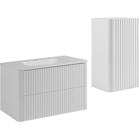 Ensemble de meubles de salle de bain, 2 tiroirs, 1 porte, fermeture douce, façades rainurées, Blanc, 80,3 x 43,7 x 48,4 cm (1/5)
