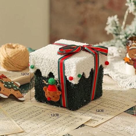 Boîte cadeau de Noël 12cm velours noir et blanc, nœud rayé rouge et vert, renne en bonnet, décoration de fête réutilisable (1/3)