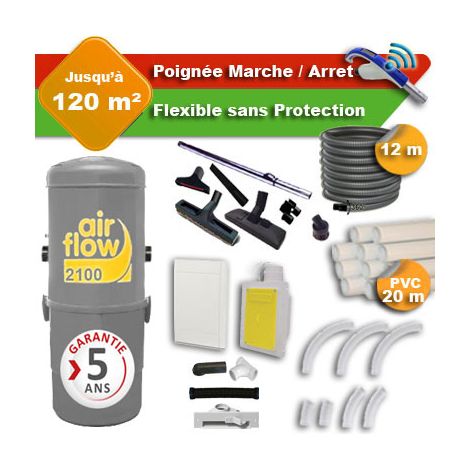 Aspirateur central AIRFLOW 2100 garantie 5 ans + flexible rétractable 12 m + poignée marche/arrêt + 7 accessoires + kit 1 prise RETRAFLEX + kit prise balai (rayon d'action 120 m2) (1/5)
