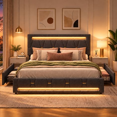 Lit double rembourré 140x200 cm avec LED, lit gris avec 4 tiroirs, tête de lit réglable, sommier à lattes, cadre de lit moderne en tissu (1/5)