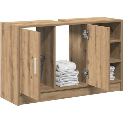 Meuble de Salle de Bain en Chêne Massif 90x29x55 cm, Armoire de Toilette avec Lavabo Intégré et Miroir, Rangement Moderne pour WC, Style Scandinave (1/5)