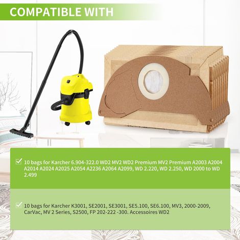 10 sacchetti filtro di ricambio per aspirapolvere Karcher WD2 MV2 6.904-322.0 WD2250 A2004 A2054 (1/4)