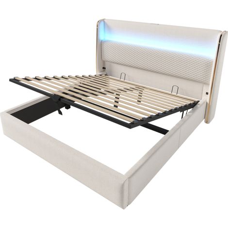 Cama canapé hidráulica 140x200 cm con cabecero alto LED USB-C y colchón beige (1/5)