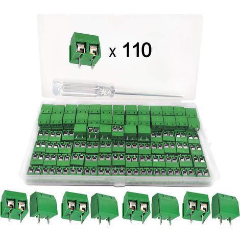 110 Pièces PCB Vis Connecteur, Bornier à Souder Vert 5mm, Bornier à Vis de PCB Circuit Imprimé 2 Broches (Pin) pour (Vert) (1/5)