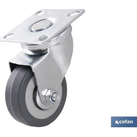 Rueda de goma gris con placa, soporta hasta 45 kg, diámetro 50 mm, ancho 18 mm.