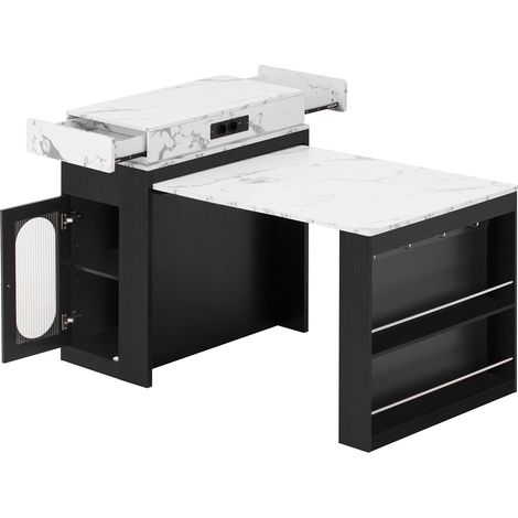 Isla de Cocina con 1 Cajón, 1 Puerta de Vidrio, Tablero Abatible y Enchufes, en MDF y Vidrio, Negro (1/5)