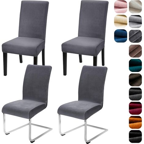 Lot de 4 housses de chaise extensibles en velours, pour cuisine, restaurant, hôtel, banquet, mariage, grises (1/5)