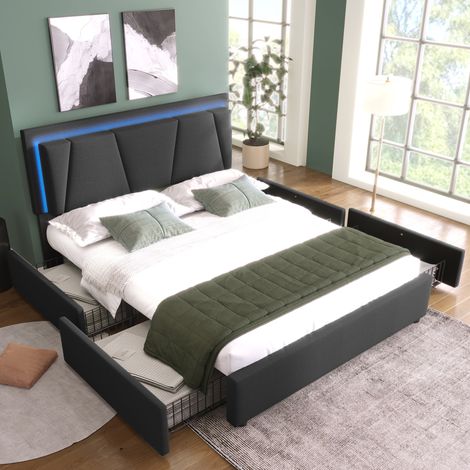 Letto imbottito con illuminazione LED e 4 cassetti, testiera regolabile in altezza, letto matrimoniale 140x200 cm, contenitore, giroletto, rete a doghe in legno, grigio (senza materasso) (1/5)