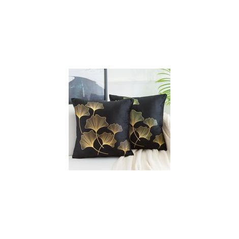 Housse de Coussin 45 x 45 cm Taie d'oreiller en Velours Feuille d'or Coussin Décoratif Noir Doux Carré Doré Imprimé Ginkgo Biloba Housses pour Salon Chambre Canapé, Lot de 2 (1/4)