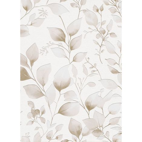Papier peint vinyle sur intissé, motif végétal, feuilles beiges, 10 m²