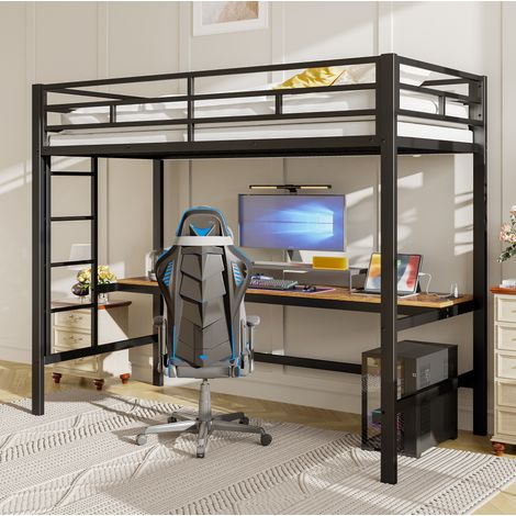 Lit mezzanine enfant 90x200 cm moderne en métal noir avec bureau, échelle, garde-corps, LED et prises USB/Type-C (1/5)