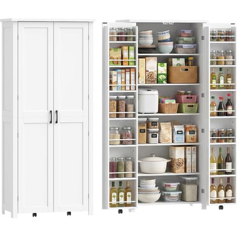 Meuble de cuisine moderne : sur roulettes, 2 portes, 14 compartiments, couleur blanche. (1/5)
