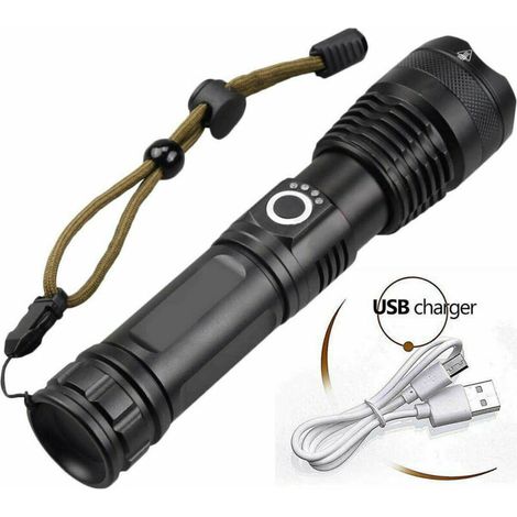 Lampe de poche à lumière puissante charge USB zoom télescopique longue portée P70 pour la conduite de nuit, le camping (1/5)