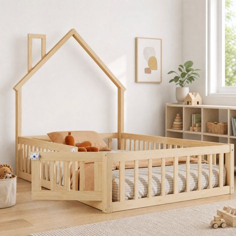 Letto a casetta per bambini 90x200 cm in legno naturale salvaspazio FloraGrace (1/5)