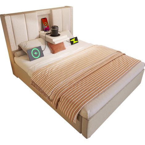 Letto imbottito 90x200 cm con porta bicchieri nascosto, stazione di ricarica USB e Type-C, contenitore idraulico sotto rete, tessuto beige CHICFURN (1/5)