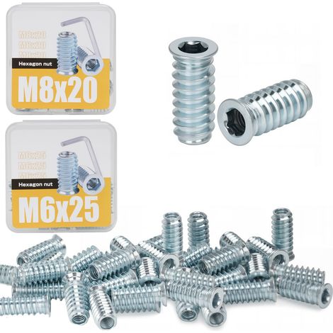 40pcs Insert Fileté Bois, Manchons à Visser M8x20mm M6x25mm D'écrous Filetés D'insertion Matériau en acier au carbone, Écrou hexagonal fileté en alliage pour Meubles Chaises Lits (1/5)