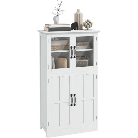 Credenza da cucina con vani contenitori multipli, 2 armadietti, ante in vetro, 4 ripiani in legno bianco