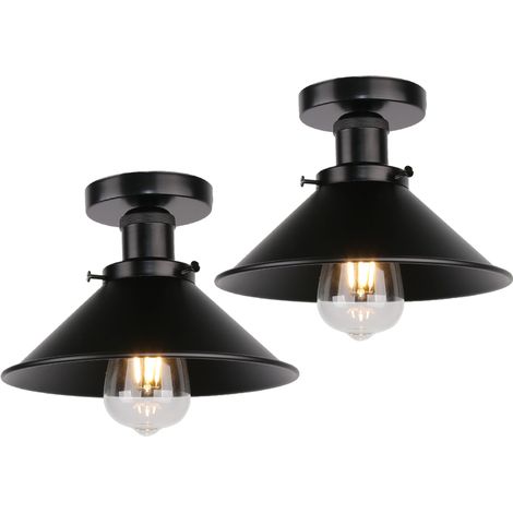 2PCS Ceiling Light Vintage Retro Ceiling Lamp Industrial Iron Lampshade 22cm for Bedroom Kitchen Loft All Black (1/5)
