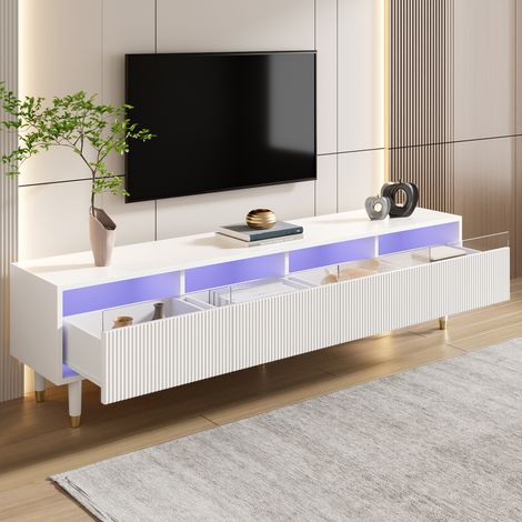 DESMIU Meuble TV 4 tiroirs avec passage de câbles pour salon, pour TV 55-75 pouces, en MDF, blanc, 178 × 35 × 45 cm (1/5)