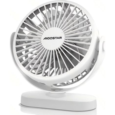 Ventilateur de bureau Aigostar 6 pouces à 5 pales, 3 vitesses, batterie rechargeable 1500 mAh, blanc, silencieux, pour la maison et le bureau. (1/3)