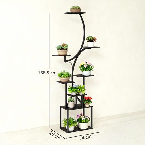 Étagère à fleurs métal 8 niveaux forme S 158,5cm intérieur extérieur noir (1/5)