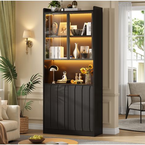 Vetrina alta 80x35x200 cm, 5 scomparti, ante in vetro temperato, LED Bluetooth, truciolare nero (1/5)