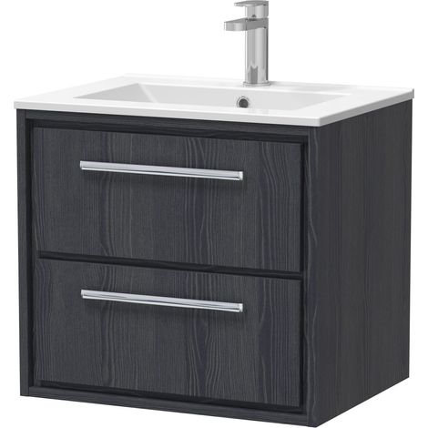Longnor 2 Drawer Wall Hung Vanity Unit with 1 Tap Hole Minimalist Basin, Woodgrain Graphite Grey, 600mm (1/4)