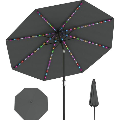 COSTWAY Ombrellone da Esterno 288 cm, con 96 Luci LED, Ombrellone Giardino con Inclinazione Regolabile, Manovella, 8 Stecche e Top Ventilato, Parasole da Mercato per Giardino Spiaggia (Grigio) (1/5)